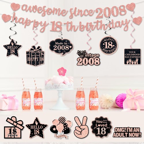 Pre-Strung 18th Birthday Banner Decorations for Girls, Glitter Happy 18th Birthday Decor, Rose Gold Eighteen Years Bday Hanging Swirls Party Supplies