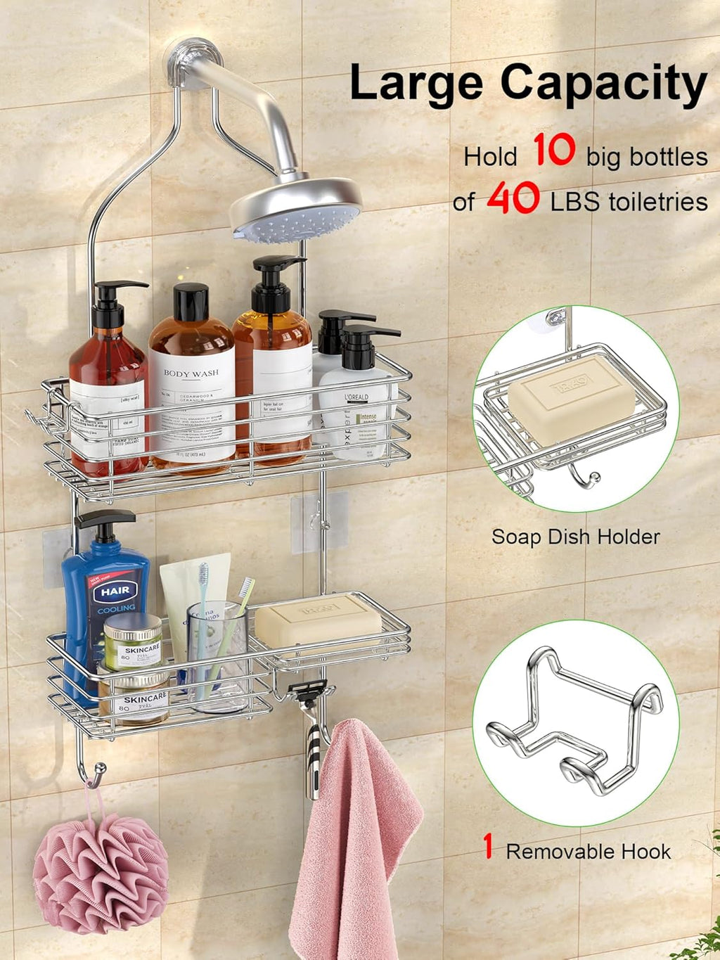 SMARTAKE Shower Head Caddy - Rustproof Stainless Steel Organizer for Bathroom Storage | Silver