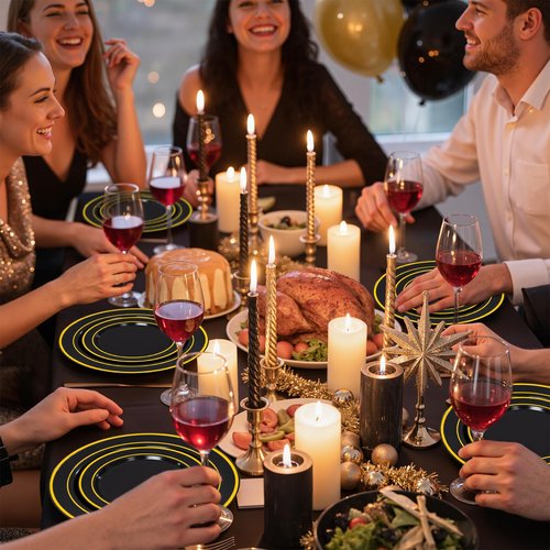 350 Pieces Black and Gold Plastic Plates with Disposable Silverware, Include 50 Dinner Plates 9”, 50 Dessert Plates 6.3”, 50 Black Cups 9 OZ, 50 Pre Rolled Napkins for Birthday Weddding Party