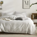 JELLYMONI Striped Duvet Cover Set - Queen Size 100% Cotton - 3PCS White & Grey Vertical Stripes Bedding - Hidden Zipper Closure & 8 Corner Ties - Breathable Comforter Cover for Bedroom