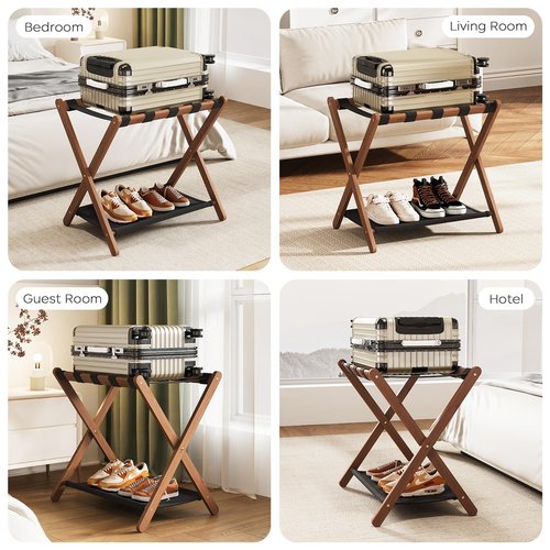 Fully Assembled Walnut Luggage Racks Set of 2, Bamboo 26.77" Luggage Rack Stand for Guest Room, 5 Nylon Straps, Foldable Suitcase Stand with Storage Shelf for Bedroom Hotel, Holds up to 165 Lbs