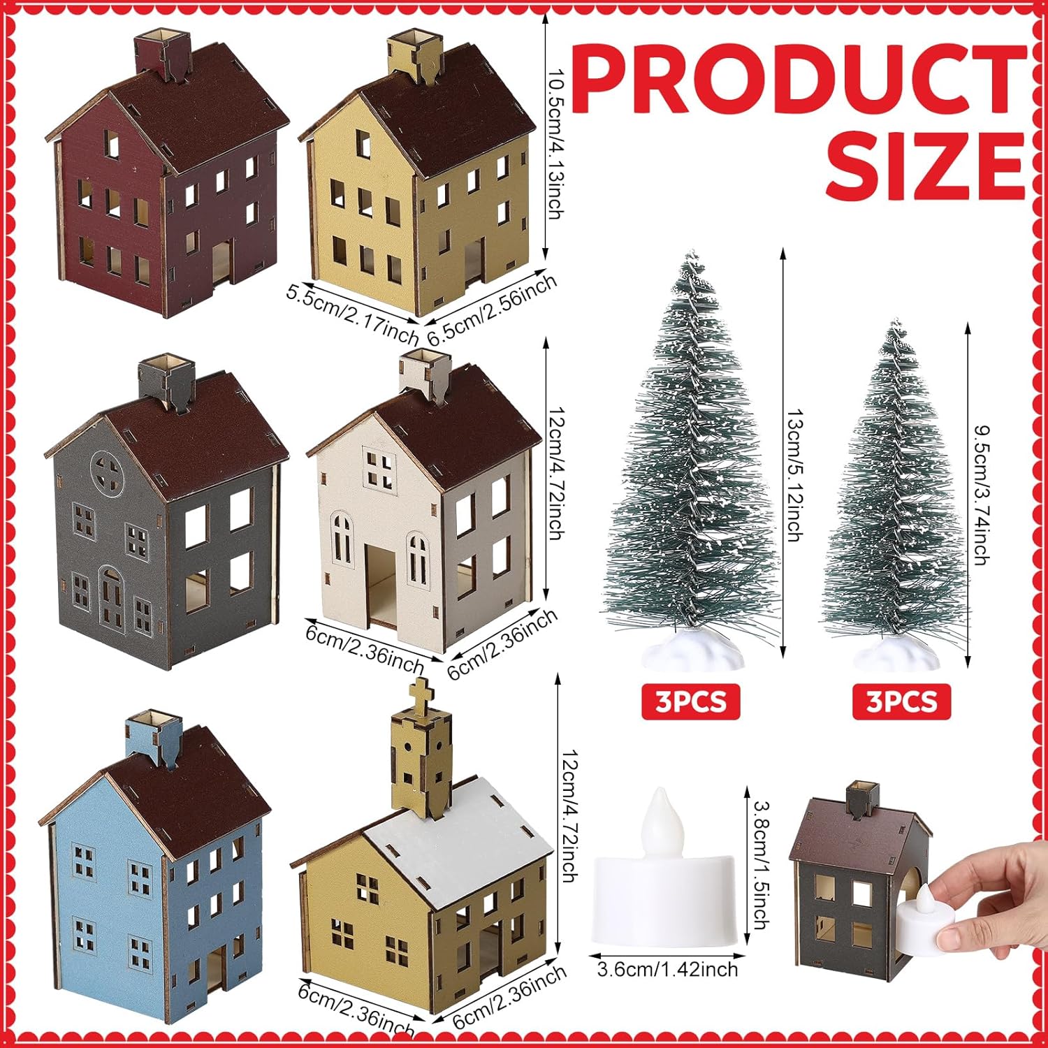 Yalikop 18pcs Wooden Easter Village Set - Colorful Houses & Church with Electronic Candle Light