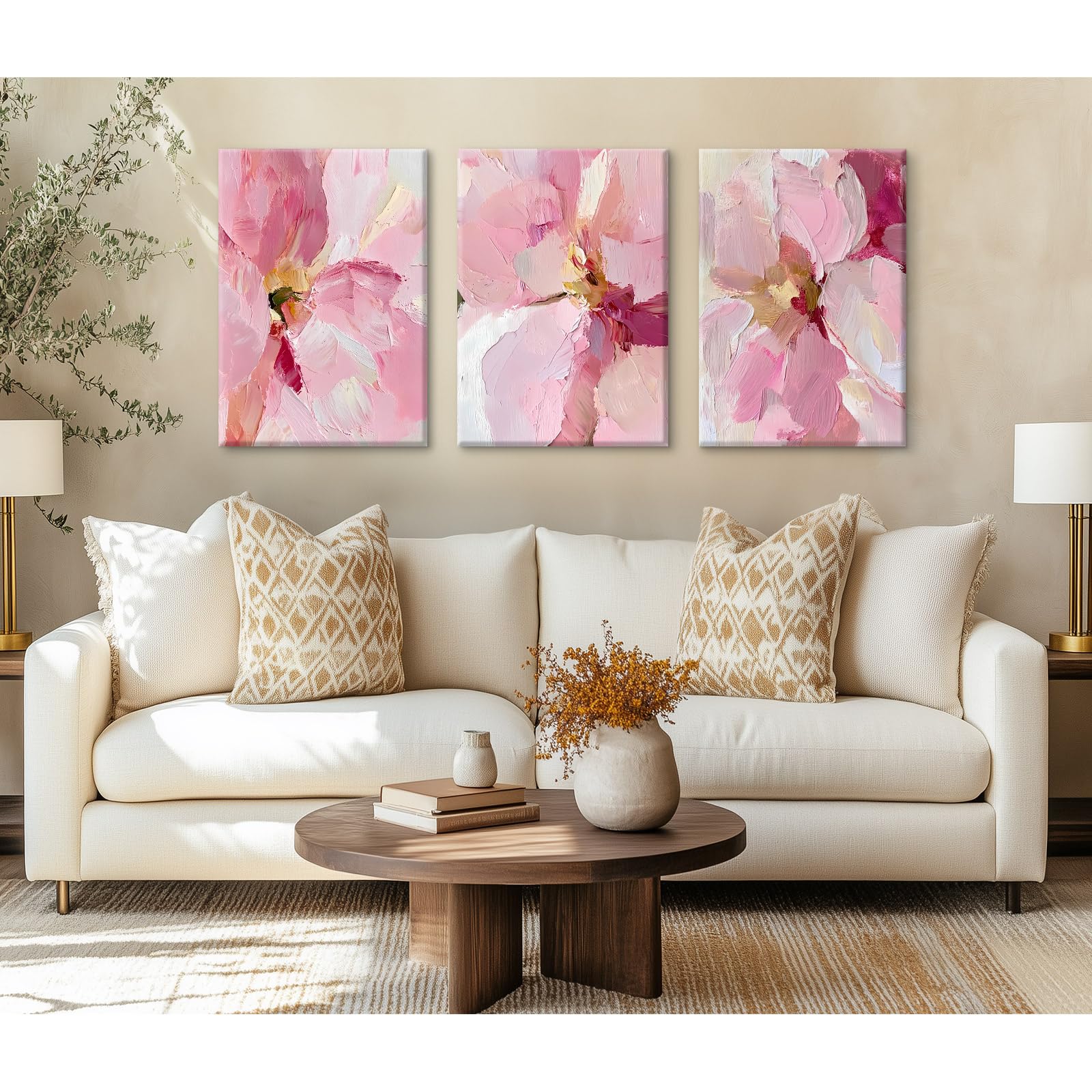 Abstract Floral Wall Art Pink Flower Canvas Pictures Modern Wall Decor Blush Pastel Pink Prints Peony Painting Minimalist Poster Botanical Artwork for Bedroom Living Room 16x24x3 Inch Ready to Hang