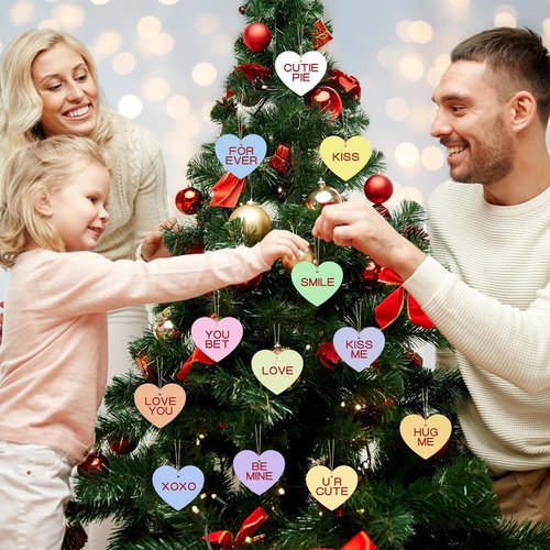Arosche Valentines Day Tree Ornaments 24Pcs Candy Hearts XOXO Love Wooden Tree Ornaments Happy Valentine's Day Cute Hanging Decorations for Indoor Home Wedding Mantle Fireplace Party Supplies
