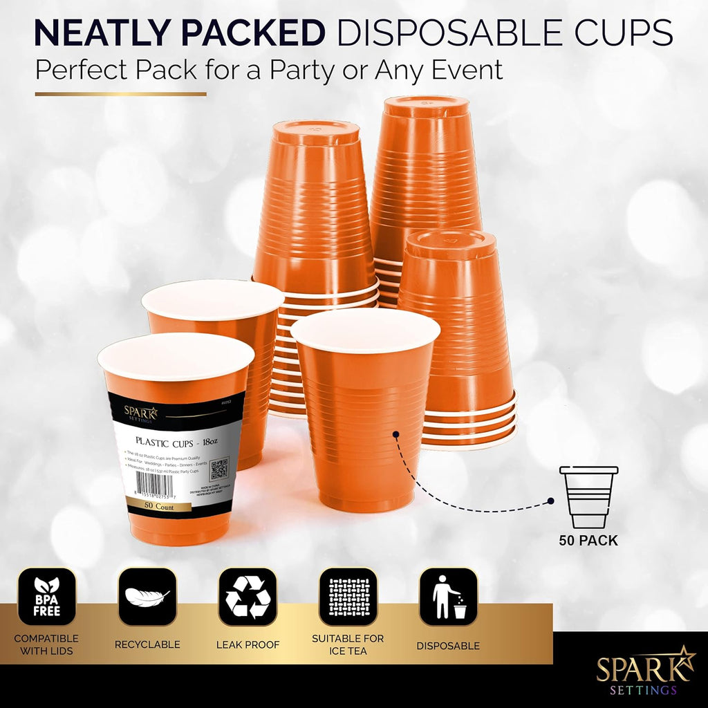 Orange 18-Ounce Disposable Cups by [Brand Name] - Strong & Sturdy Plastic Party Cups | 50 Pack for Events