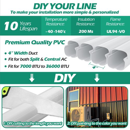 TAKTOPEAK 4'' 17 Ft Mini-split Line Set Covers, Line Hide Cover Kit for Mini Split Air Conditioners and Central AC