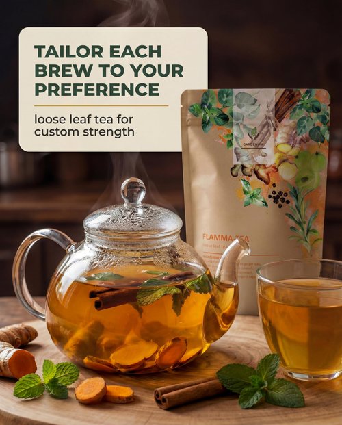 Gardenika Organic Flamma-tea Loose Leaf Tea | Premium Turmeric Ginger Blend with Cinnamon, Peppermint & Black Pepper | 100% Natural, Caffeine Free Herbal Wellness Tea | 4oz (113g)