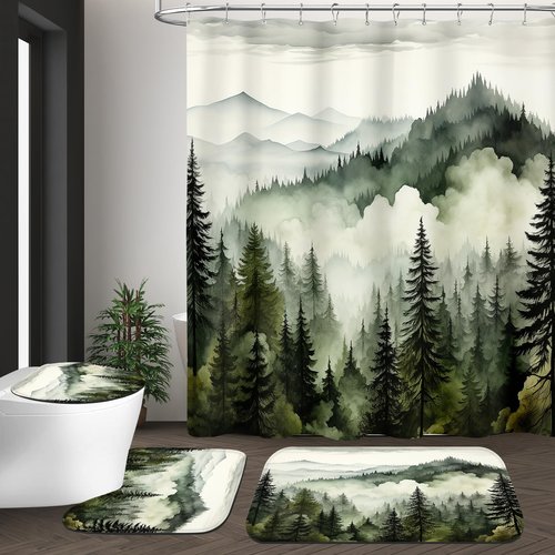 BayNook 4PCS Dark Green Misty Forest Bathroom Sets with Shower Curtain and Rugs, Rustic Woodland Shower Curtain Sets with Rugs, Nature Mountain Landscape Bathroom Curtains Shower Set
