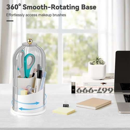 Hvygss 360° Rotating Makeup Brush Holder with Lid, Waterproof Three-Compartment Makeup Organizer, 180° Side-Pull Door Desk Organizer, Dustproof Brush Holder for Vanity and Bathroom (Transparent)