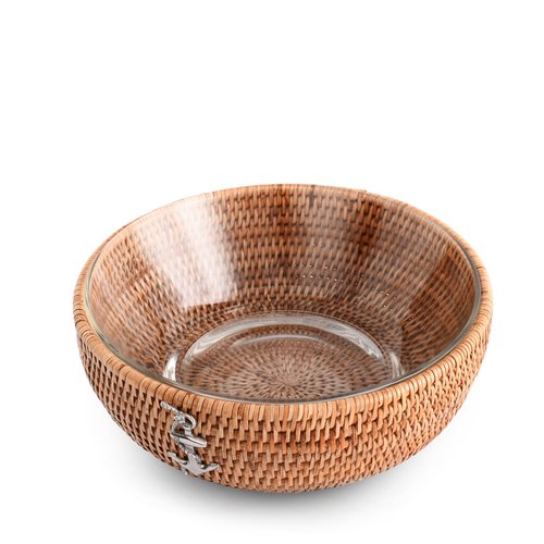 Vagabond House Handmade Eco-Friendly Rattan Serving Bowl with Pewter Anchor and Removable Glass Dish - Classic Stylish Fruit Basket for Kitchen, Ideal for Beach House Fruit Salads and Fruits