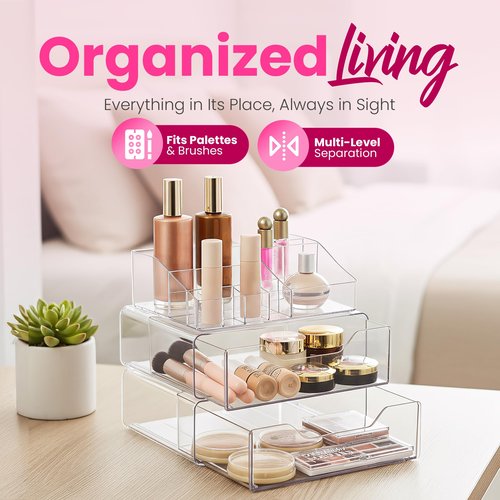Masirs Clear Acrylic Makeup Organizer with Drawers – Cosmetic Vanity Storage for Skincare, Hair Accessories, Jewelry, Perfume – Durable Countertop Bathroom Organizer