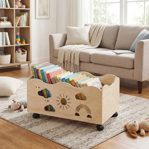 CroBlissful Kids Bookshelf with Wheels, 24" x 14.4" x 10.4" Scalloped Book Shelf for Kids Room Girls Boy Wooden Storage Trunk Mobile Wood Toy Box with Rainbow Pattern for Nursery, Classroom, Bedroom