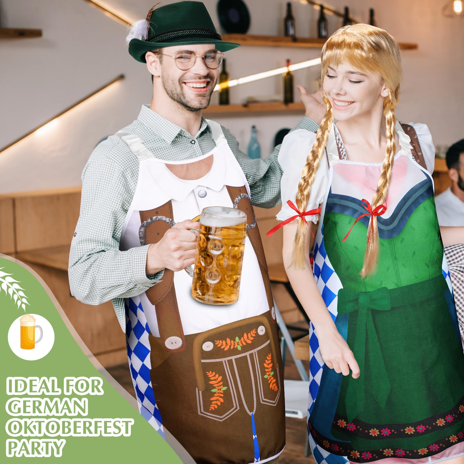 Langyiwee 4 Pcs Oktoberfest Costume Couple Cooking Aprons German Hats Blond Wig Oktoberfest Dress(Green, Brown,Classic)