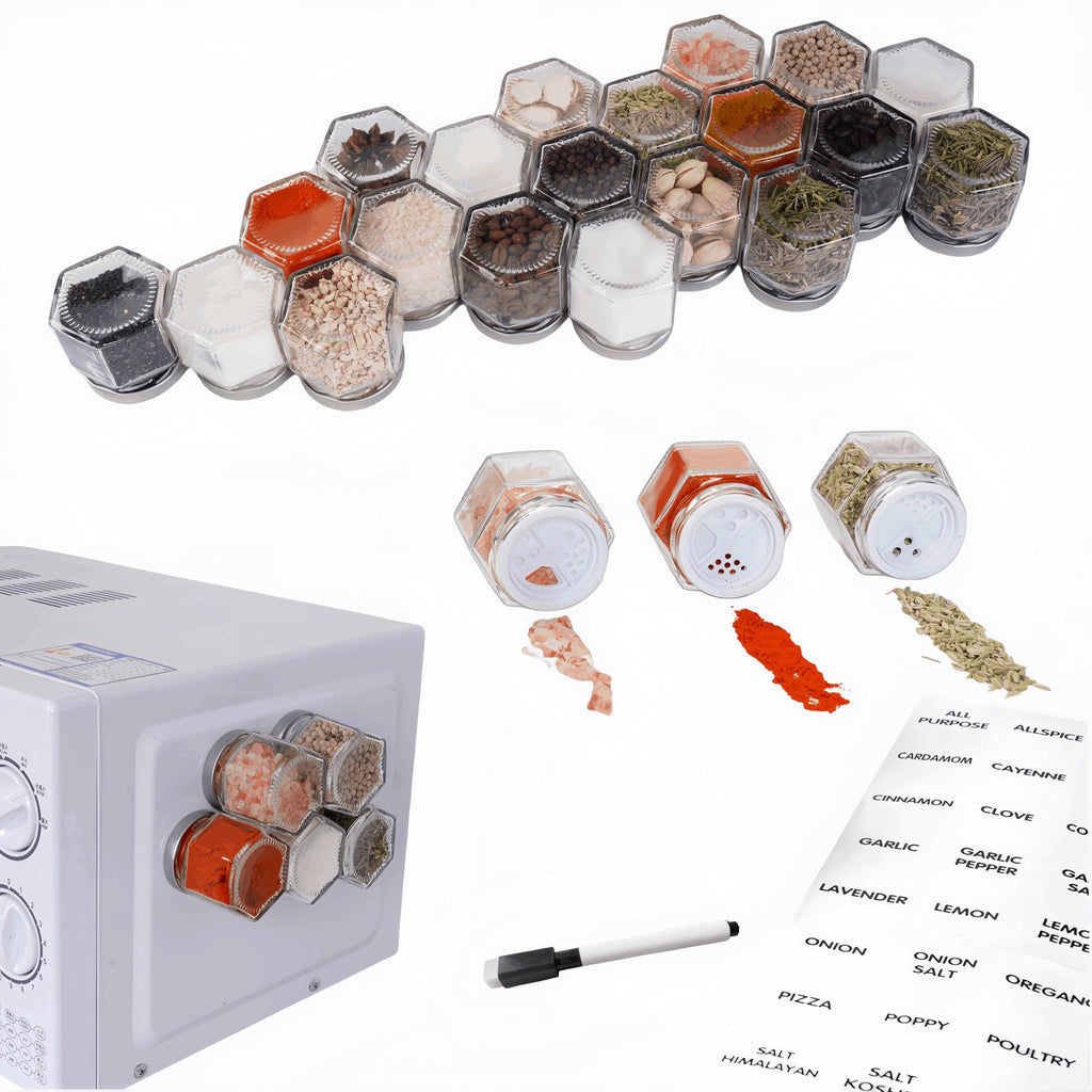 OPTWISELY Set of 20 Magnetic Spice Jars for Refrigerator, Glass Small Hexagon Magnet Seasoning Containers with Labels, shaker Lids, Fridge Magnetic Spice Rack Organizer with Jars