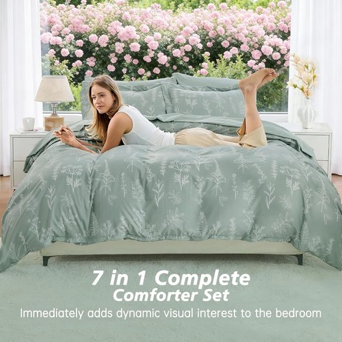 MUXHOMO Queen Comforter Set - 7-Piece Sage Green Reversible Bedding with Botanical Design & Ultra Soft Sheets