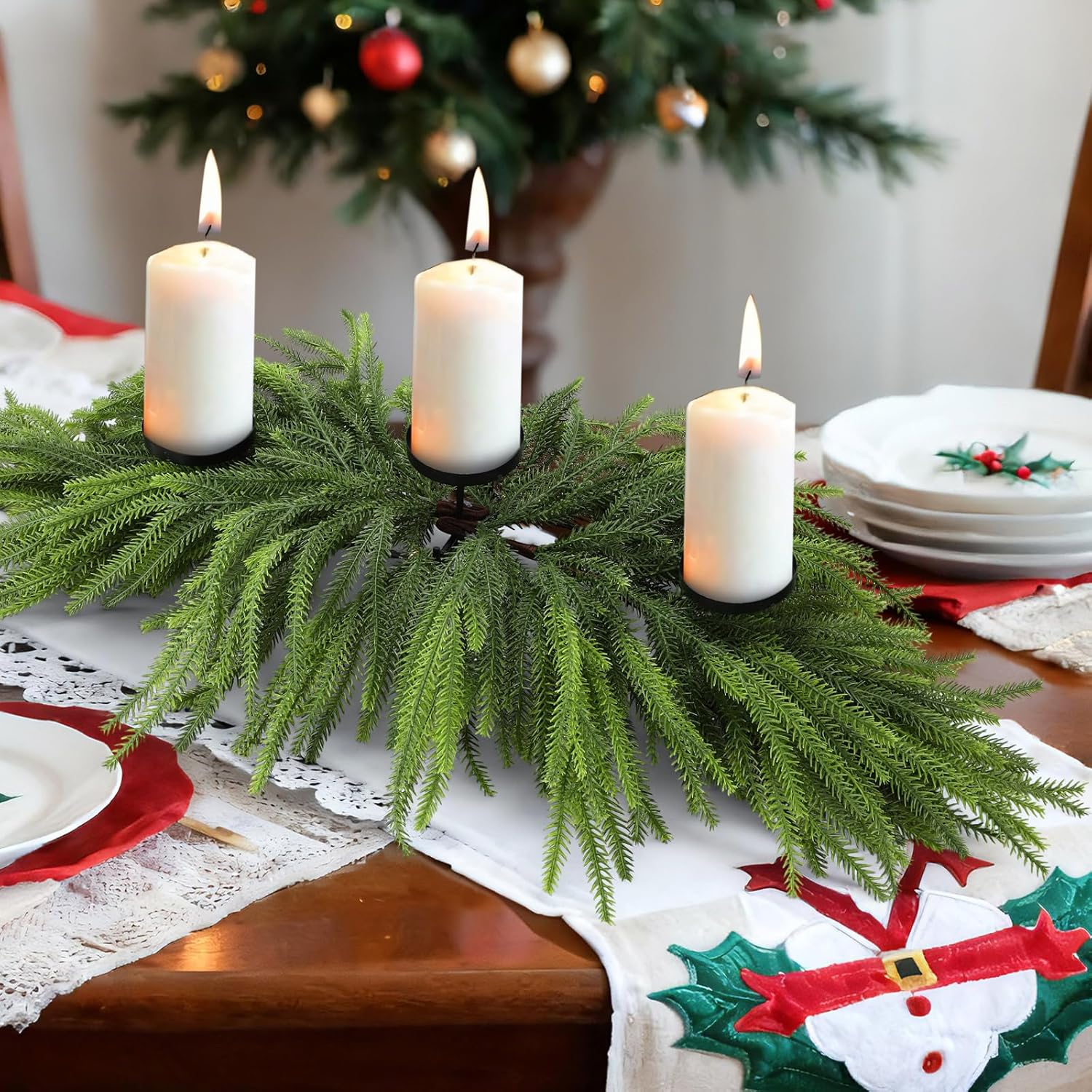 Norfolk Christmas Table Centerpiece - 3 Candle Holders | Pine Needle Holiday Decor for Dining Table