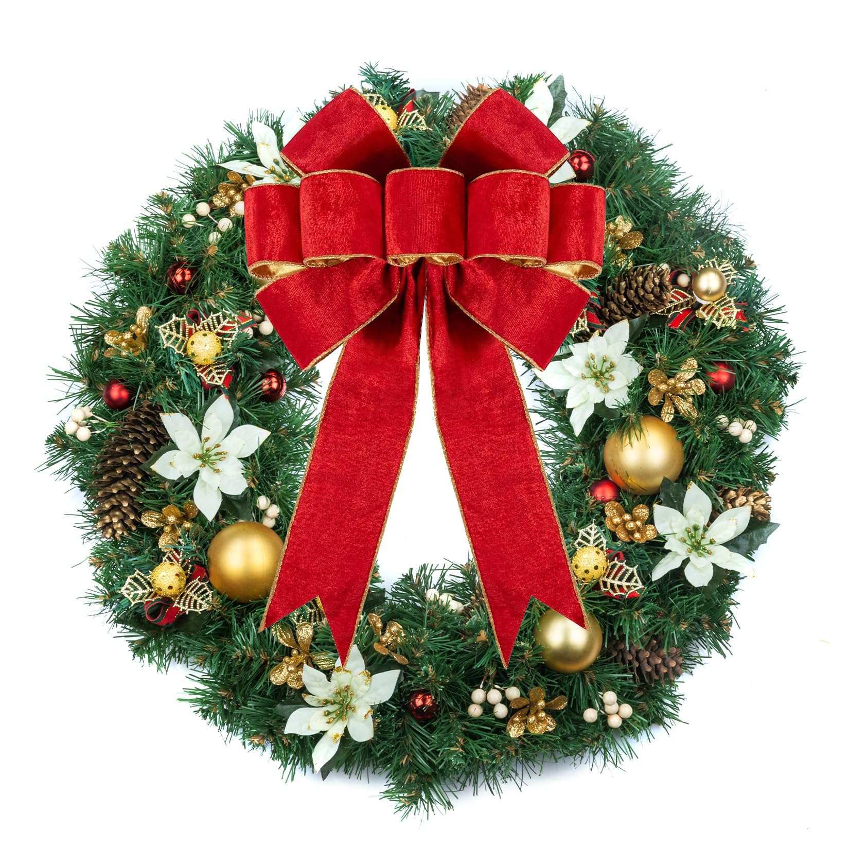 1 Pack Large Christmas Red Bows for Christmas Tree with Gold Border & Back, 12" x 14" Velvet Bows for Tree Topper,Wreaths,Indoor,Outdoor,Fireplace,Stairs,Railing,Porch,Xmas Decoration