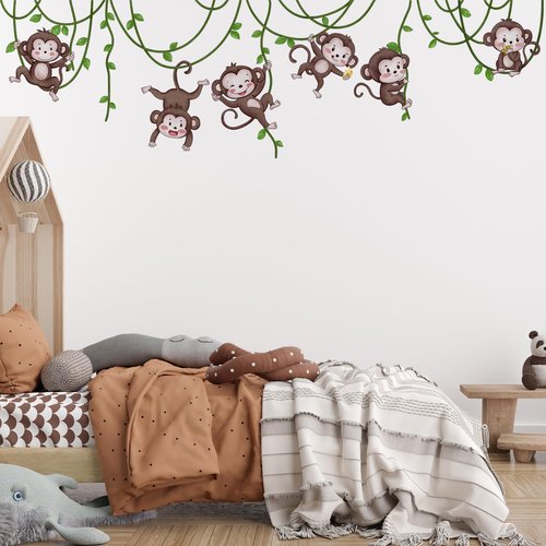 Jungle Monkey Wall Decals,Jungle Animals Monkey Vine Leaves Wall Stickers,Zoo Decoration Stickers,for Kids Baby Boys Room Nursery Bedroom Playroom Home Decoration.