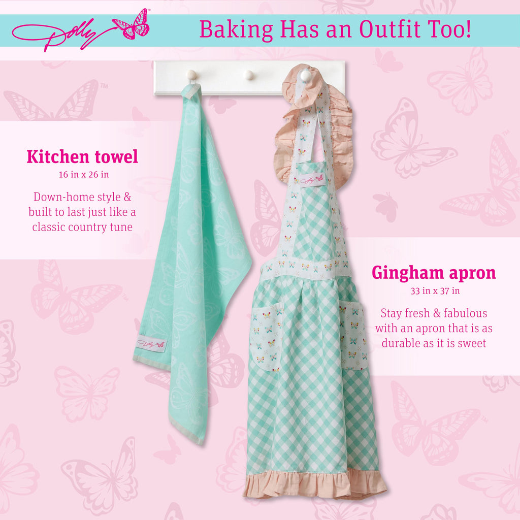 Dolly Parton Apron & Kitchen Towel Set, Kitchenware 100% Cotton Cute Chef Apron and a Jacquard Woven Kitchen Towel, Made with a Beautiful Pattern for Your Décor - Teal Plaid and Butterfly