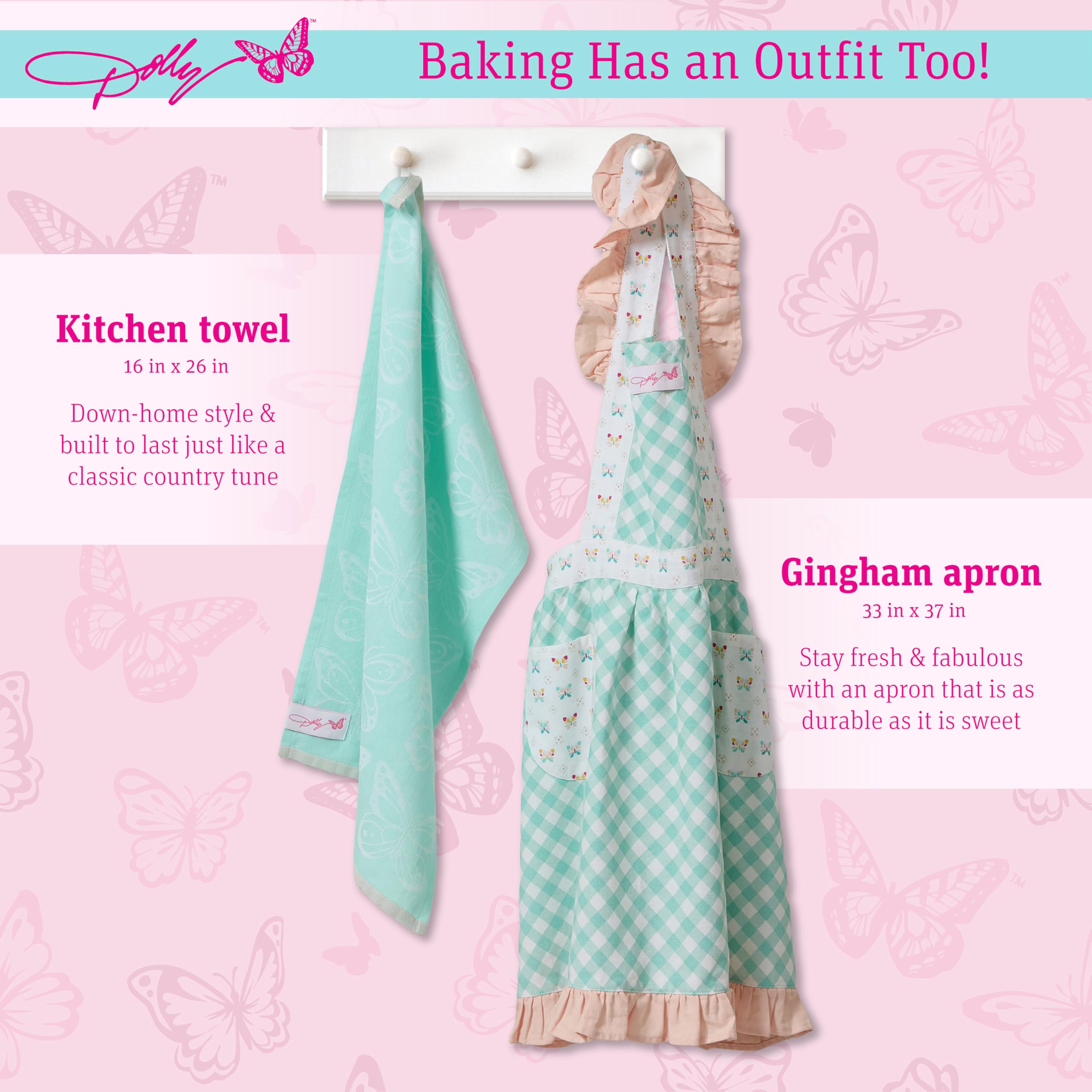 Dolly Parton Apron & Kitchen Towel Set, Kitchenware 100% Cotton Cute Chef Apron and a Jacquard Woven Kitchen Towel, Made with a Beautiful Pattern for Your Décor - Teal Plaid and Butterfly