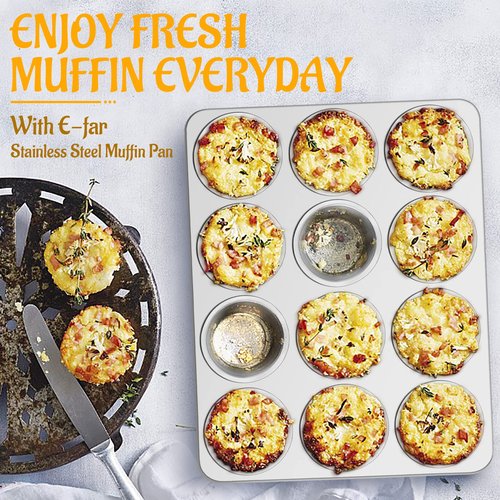 E-far Stainless Steel Muffin Pan Set of 5, 12 Cups Cupcake Pans Tins for Baking, Non-Toxic Metal Muffin Tray Molds for Small Mini Cupcake, Heavy Duty & Regular Size, Rust Free & Dishwasher Safe