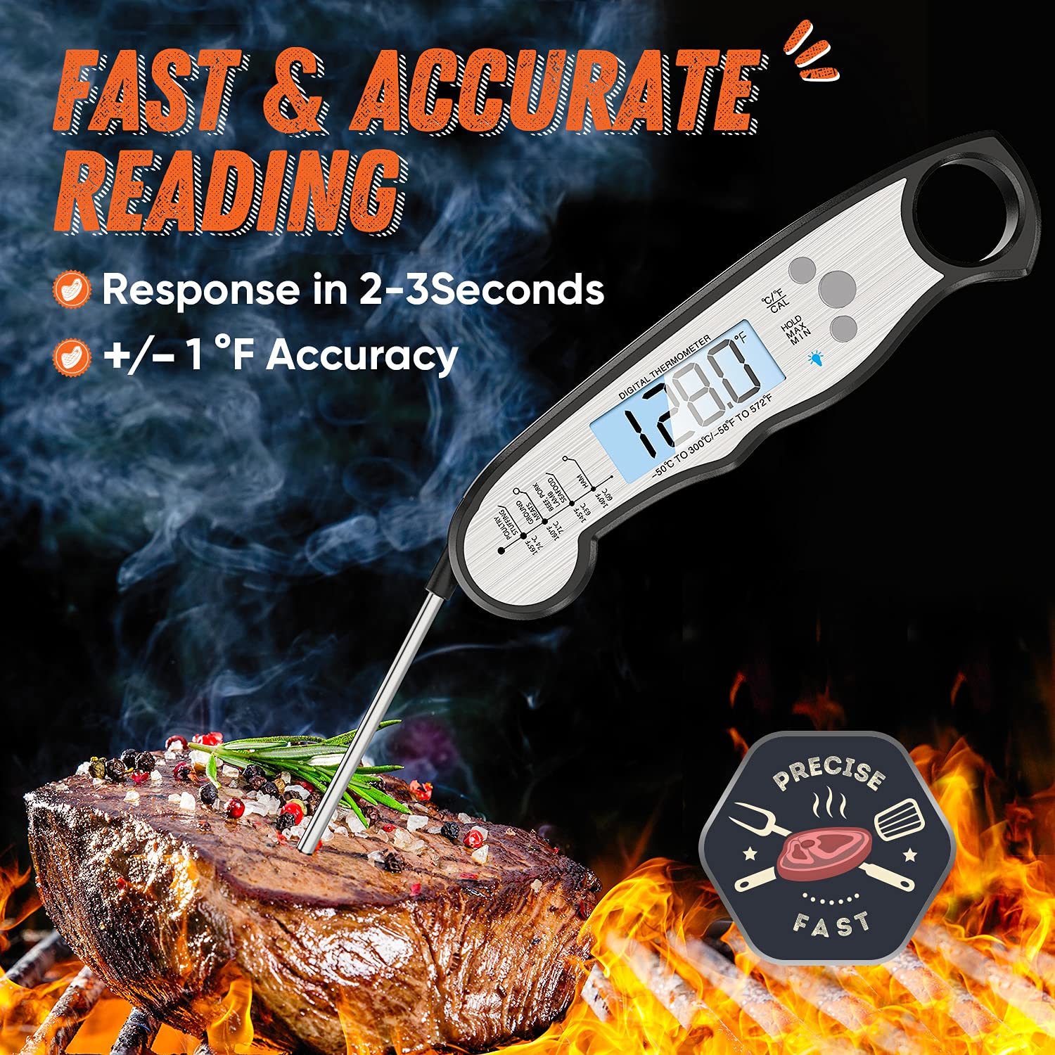 Skiennix Digital Meat Thermometer - Waterproof Instant Read Cooking Tool with Backlight & Calibration | Perfect for BBQ, Candy, Liquids, Beef, Turkey