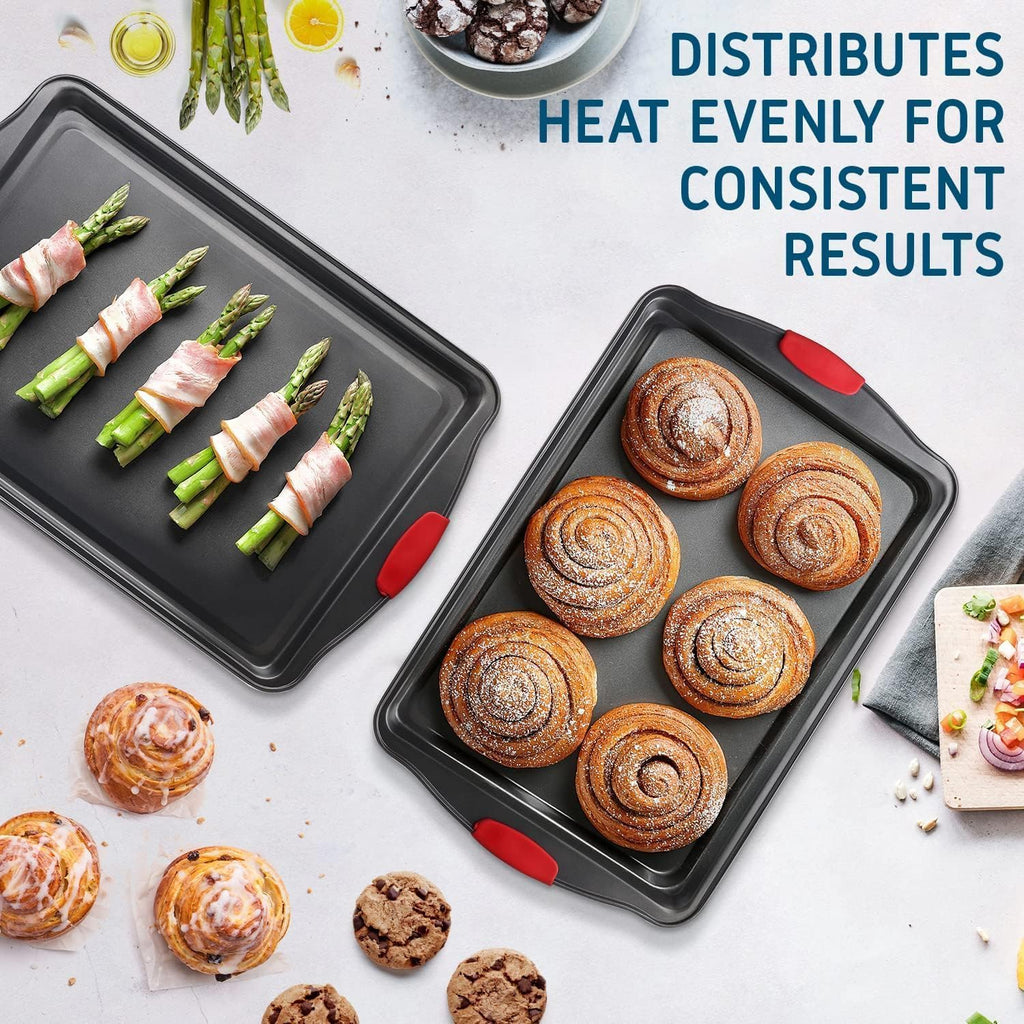 Skiennix Baking Sheet Set - 3-Piece Nonstick Cookie Sheets with Silicone Handles | Durable Steel Pans - Black