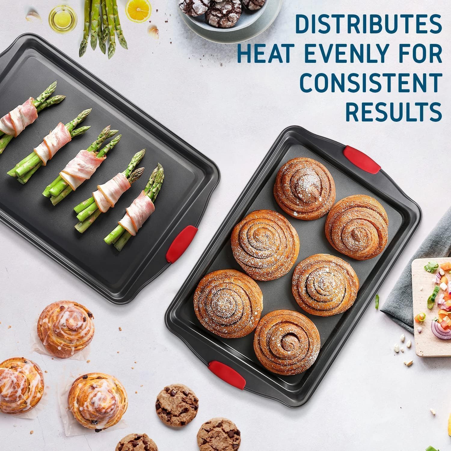 Skiennix Baking Sheet Set - 3-Piece Nonstick Cookie Sheets with Silicone Handles | Durable Steel Pans - Black