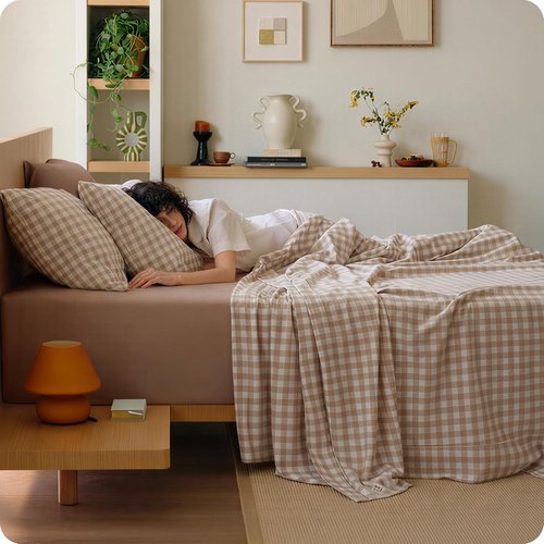 Bedsure 100% Washed Cotton Percale Sheets - Soft Gingham 6-Piece Set, Queen Size with 18" Deep Pocket (Brown)