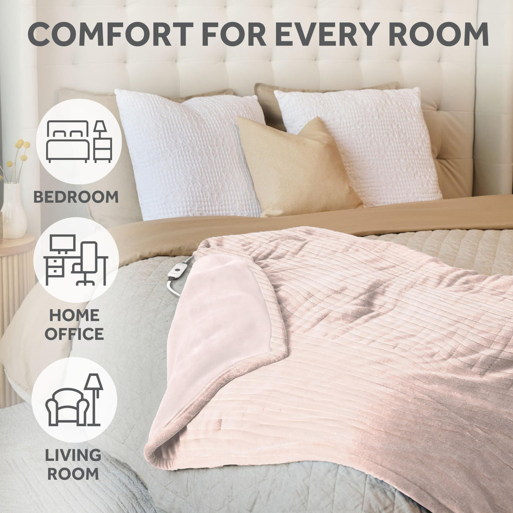 Sunbeam Electric Throw Royal Posh Velvet Heated Blanket, 4 Heat Settings, 4-Hour Auto Shut-Off, Fast Heating, Lush, Silky, and Ultra Comfy, Ribbed Champagne Color, 50" x 60"