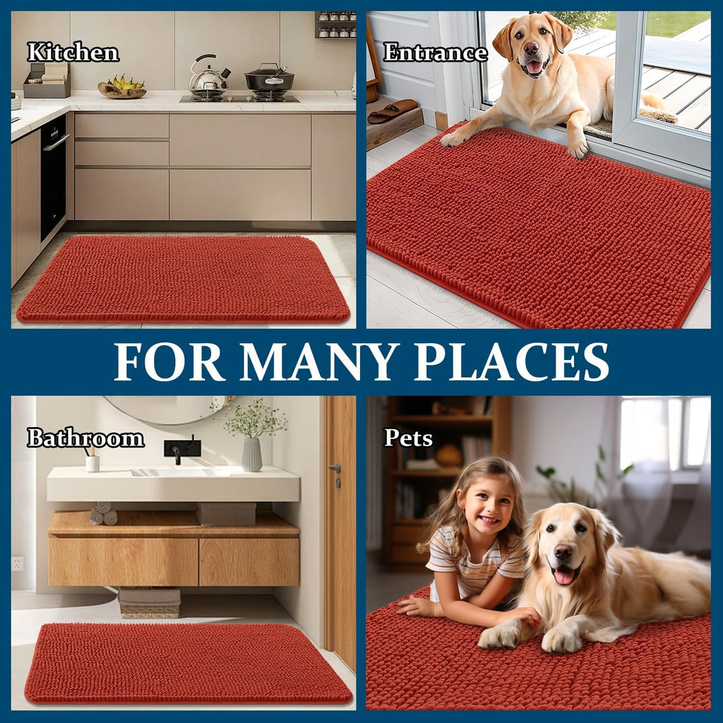 OLANLY Dog Door Mat - Absorbent Non-Slip Mud Mat for Indoor Use | 54x24, Quick Dry Chenille, Maple Red