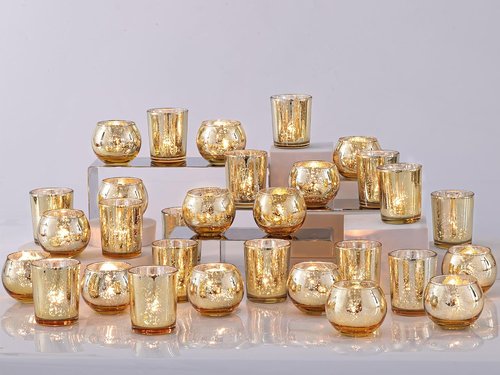 DEVI 48PCS Gold Votive Candle Holders - Mercury Glass Tea Light Holders for Weddings & Parties