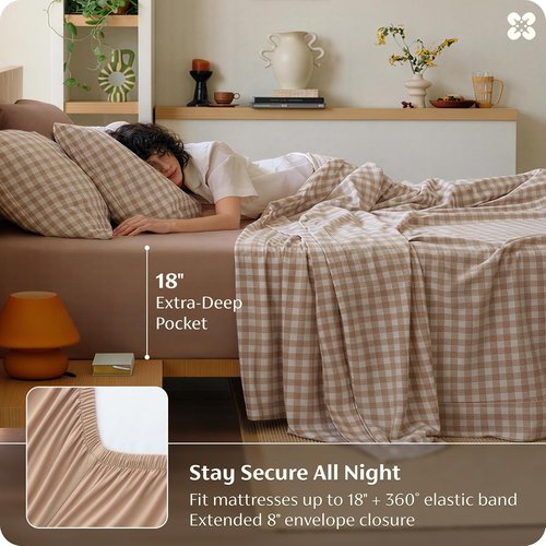 Bedsure 100% Washed Cotton Percale Sheets - Soft Gingham 6-Piece Set, Queen Size with 18" Deep Pocket (Brown)
