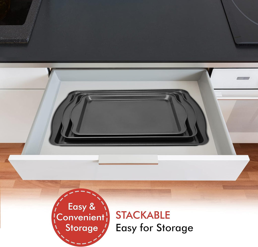 Perlli Non-Stick Baking Sheets - 3-Piece Carbon Steel Oven Tray Set (Small, Medium & Large)