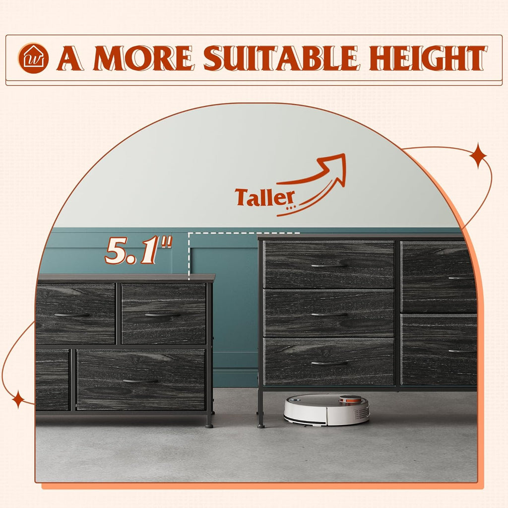 WLIVE Dresser - 5 Drawer Chest for Bedroom | Stylish Fabric Organizer in Charcoal Black Wood Grain