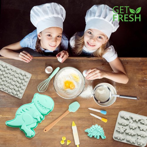 GET FRESH Dinosaur Baking Cooking Tool Set for Kids – 12-PCS Dino Silicone Bakeware Moulds for Kids Baking Candy Jelly Gummy Making and 3 Dinosaur Fossil Cookie Cutter Stampers – Dino Cake Candy Molds
