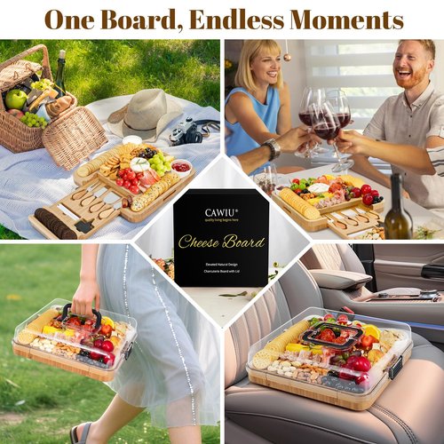 Premium Charcuterie Board with Lid – Bamboo Cheese Board Set with Utensils, Drawer & Fruit Tray – House Warming Gifts New Home, Wedding, Birthday, Bridal Shower (Black)