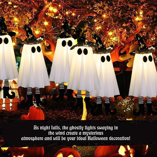 Halloween Decorations Outdoor,Set of 3 Halloween Hanging Spirits with Cone Caps, Swaying Glow Decor Lights for Yard Patio Lawn Garden Party Porch Decor