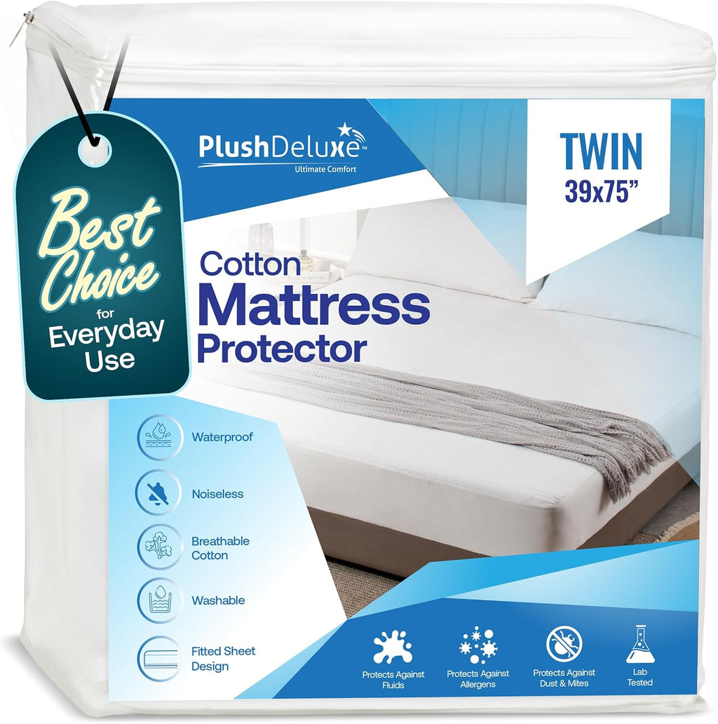PlushDeluxe Twin Cotton Mattress Protector - Waterproof Fitted Sheet Design for Soft, Noiseless Sleep