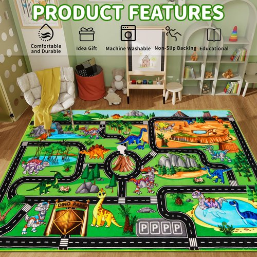 DINSUMRUG Kids Rugs for Playroom 59"×39.4" Dinosaur Car Play Mat Robot Dinosaur Park Road Educational Dino Road Rug for Toy Car Jurassic Themed Play Carpet for Kids, Toddlers, Nursery, Classroom