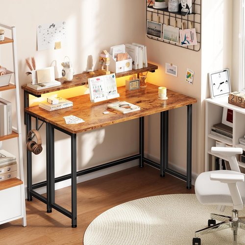 DurayLoly Folding Desk - Compact 31.5 Inch Computer Desk with Monitor Stand & LED Lights | Rustic Brown