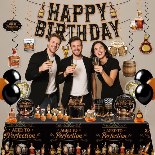 Yingoto Aged to Perfection Birthday Decorations for Men – 207PCS Whiskey Birthday Decorations Set with Plates, Napkins, Cups, 2 Tablecloths, Balloons, Banner & Cupcake Toppers, Serves 25 Guests