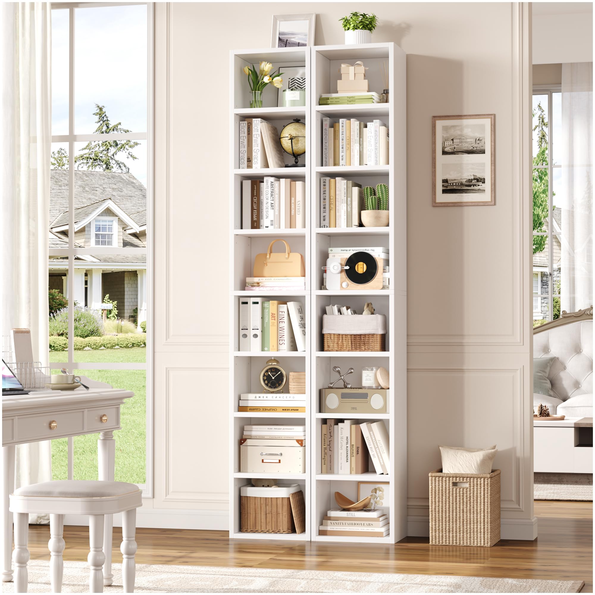 FOTOSOK White Bookshelf 8-Tier Narrow Bookshelf, 11.6 X 9.3 X 70.9 Tall CD DVD Media Tower Rack with 4 Adjustable Shelves, Tall Narrow Bookcase Slim Display Bookshelf with Cube Storage for Home Office