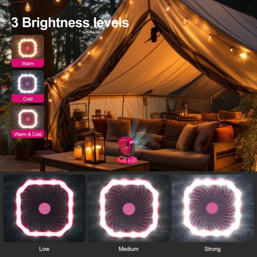 Odoland Portable Camping Fan with LED Lantern, 20000mAh Rechargeable Battery Powered Fan with Auto Oscillation, Timer, Remote, 360° Rotation Hook, 4 Speeds for Power Outage Travel Home,Pink