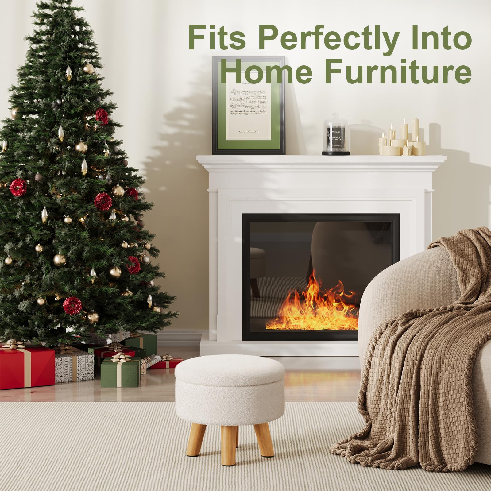 WBKATN Small Ottoman Footrest, White Boucle Foot Stool, Round Pouf Ottoman with Storage, Teddy Velvet Foot Rest for Couch, Living Room, Nursery, Small Coffee Table Ottomans Stool