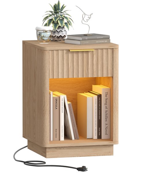 Akxomel Fluted Nightstand, Wooden Night Stand with Charging Station and LED Light, Modern Mid Century End Table with Drawer, 15" D x 15.7" W x 22.6" H, for Bedroom, Natural Oak