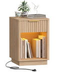 Akxomel Fluted Nightstand, Wooden Night Stand with Charging Station and LED Light, Modern Mid Century End Table with Drawer, 15" D x 15.7" W x 22.6" H, for Bedroom, Natural Oak