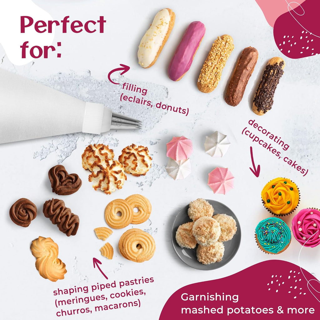 Skiennix Premium Reusable Piping Bags Set - 16" Cotton Pastry Bag with 8 Large Icing Tips | Dishwasher Safe