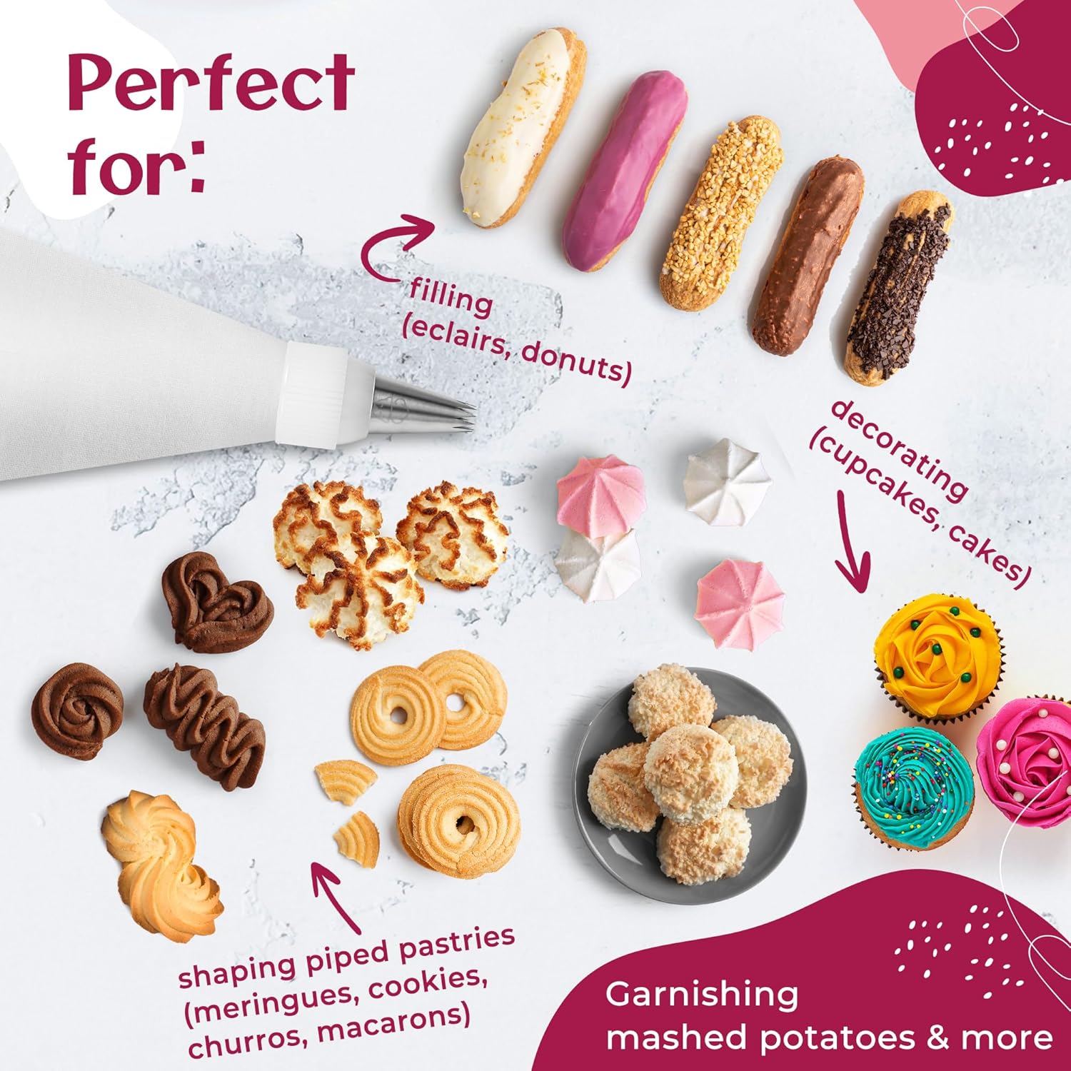 Skiennix Premium Reusable Piping Bags Set - 16" Cotton Pastry Bag with 8 Large Icing Tips | Dishwasher Safe