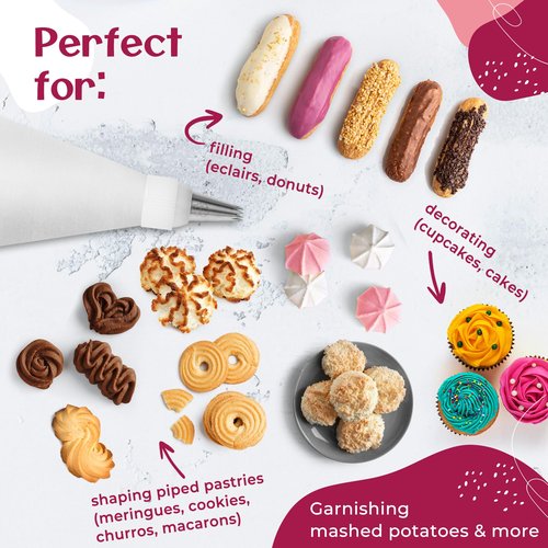 Cake Decorating Kit – Reusable 16" & 14" Cotton Piping Bags with 10 Large Stainless Steel Icing Tips – Durable, Food-Grade & Dishwasher Safe